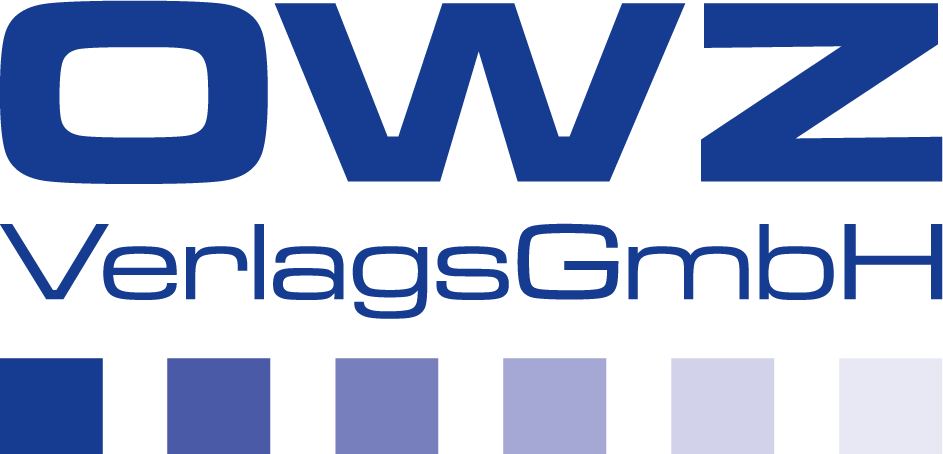 Logo der OWZ Verlags GmbH in Dunkelblau mit Kästchen aus verschiedenen Blautönen auf weißem Hintergrund.